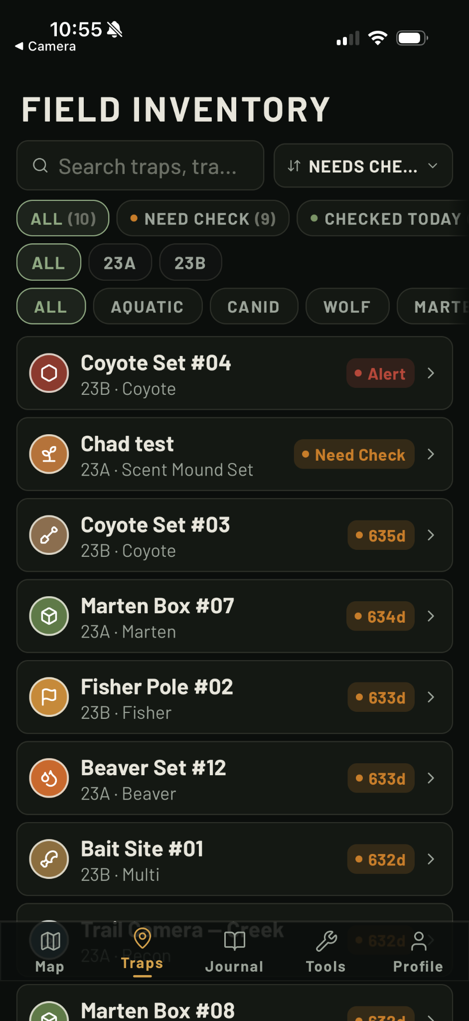 TrapFinder Field Inventory screen
