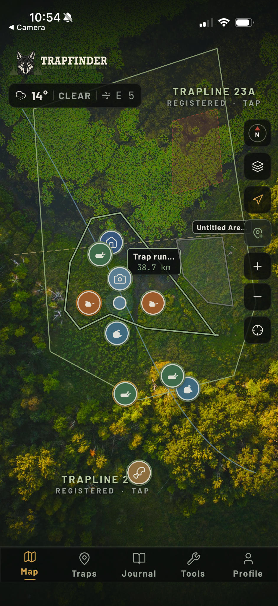 TrapFinder map showing traplines, trap stations and a Trap Run